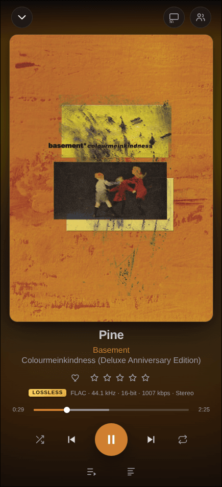Sonora on a phone, playing a different album whose cover is orange. The background, progress bar and play button have all turned orange to match.